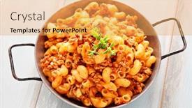  Presentation with meat food - Beautiful presentation featuring pasta with meat tomato sauce and vegetables - food and drink backdrop and a yellow colored foreground