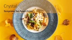  Presentation with pasta - Beautiful PPT theme featuring pasta-with-mushrooms-and-cheese backdrop and a gold colored foreground