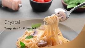  Presentation with pasta sauce - PPT theme featuring pasta-with-mushrooms-sauce-impaled background and a coral colored foreground