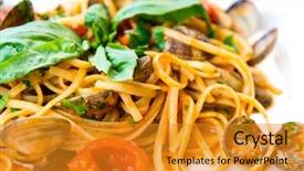  Presentation with dinner - Presentation theme featuring pasta with mussels dinner dish background and a gold colored foreground