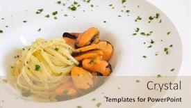  Presentation with italian food - Amazing PPT layouts having pasta-with-mussels-on-white backdrop and a coral colored foreground