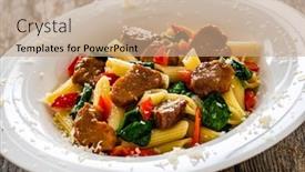  Presentation with spinach - PPT theme having pasta-with-roasted-pork-loin background and a coral colored foreground