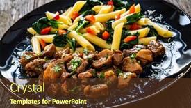  Presentation with spinach - PPT layouts with pasta-with-roasted-pork-loin background and a tawny brown colored foreground