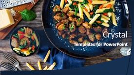  Presentation with spinach - Theme with pasta-with-roasted-pork-loin background and a navy blue colored foreground