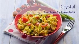  Presentation with saffron - Slide set featuring pasta with saffron cream sauce and sliced vegetables background and a sky blue colored foreground