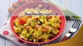  Presentation with saffron - Audience pleasing presentation design consisting of pasta with saffron cream sauce and sliced vegetables backdrop and a sky blue colored foreground