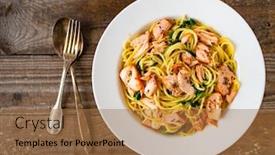  Presentation with spinach - PPT theme with pasta-with-salmon-and-spinach background and a coral colored foreground