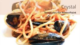  Presentation with dinner - Beautiful presentation theme featuring pasta-with-scallops-dinner-dish backdrop and a yellow colored foreground