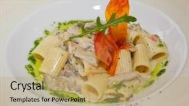  Presentation with pasta sauce - Presentation having pasta-with-seafood-and-cheese background and a coral colored foreground