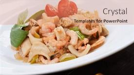  Presentation with shrimps - PPT theme featuring pasta-with-shrimps-and-vegetables background and a coral colored foreground