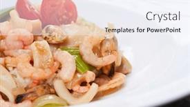  Presentation with shrimps - Theme having pasta-with-shrimps-and-vegetables background and a sky blue colored foreground