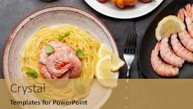  Presentation with italian cuisine - Slide set with pasta-with-shrimps-italian-cuisine background and a  colored foreground