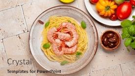  Presentation with italian cuisine - Presentation consisting of pasta-with-shrimps-italian-cuisine background and a coral colored foreground