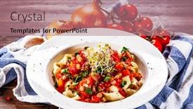  Presentation with pasta sauce - Colorful slide set enhanced with pasta with tomato sauce and vegetables on wooden table backdrop and a coral colored foreground