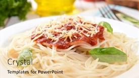  Presentation with pasta sauce - Cool new slide deck with pasta with tomato sauce on plate on table close-up backdrop and a lemonade colored foreground