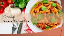  Presentation with pasta sauce - Beautiful PPT theme featuring pasta-with-tomato-sauce backdrop and a coral colored foreground