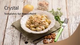  Presentation with almond - Audience pleasing slides consisting of pasta with tuna and almond backdrop and a lemonade colored foreground