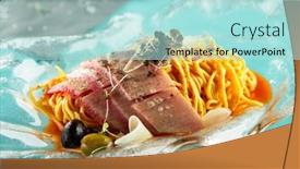  Presentation with pasta restaurant - Slides having pasta with tuna and tomatoes with olive greens and spices on glass plate gastronomic restaurant menu background and a light blue colored foreground