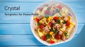  Presentation with tuna - Audience pleasing PPT theme consisting of pasta with tuna and vegetables backdrop and a light blue colored foreground
