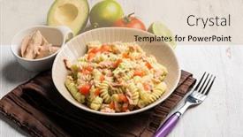  Presentation with fresh avocado - Colorful PPT layouts enhanced with pasta with tuna avocado and fresh tomatoes backdrop and a coral colored foreground