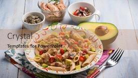  Presentation with tuna - PPT theme featuring pasta with tuna capers avocado and anchovy background and a coral colored foreground