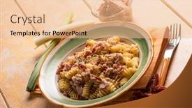  Presentation with tuna - Slides with pasta with tuna ragout and dried tomatoes background and a lemonade colored foreground