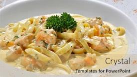  Presentation with pasta sauce - Slide deck enhanced with pasta with white sauce and shrimp background and a yellow colored foreground