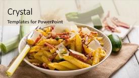  Presentation with carbohydrates carbohydrate pasta rice - Amazing presentation design having pasta with zucchinis speck hazelnuts backdrop and a lemonade colored foreground