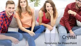  Presentation with videos for waste - Colorful PPT theme enhanced with pastime - group of cheerful friends watching backdrop and a light blue colored foreground