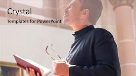  Presentation with reading bible - Slide deck with pastor - catholic priest reading bible background and a coral colored foreground