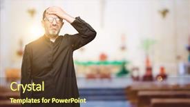  Presentation with panic - Audience pleasing presentation design consisting of pastor - priest religion man terrified backdrop and a tawny brown colored foreground