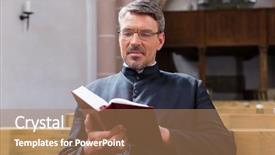  Presentation with pastor - Beautiful PPT theme featuring pastor - priest sitting in church reading backdrop and a coral colored foreground