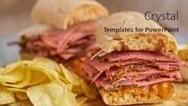  Presentation with onion - Beautiful presentation design featuring pastrami-sandwhich-with-delicious-meet backdrop and a coral colored foreground