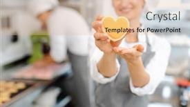  Presentation with pastry chef - Beautiful slide deck featuring pastry chef baking heart shaped cookies giving a thumbs-up backdrop and a coral colored foreground