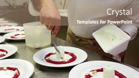  Presentation with pastry cream - PPT layouts having pastry chef is making the dessert with ice-cream background and a coral colored foreground