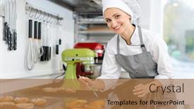  Presentation with pastry chef - PPT theme having pastry-chef-woman-glazing background and a coral colored foreground