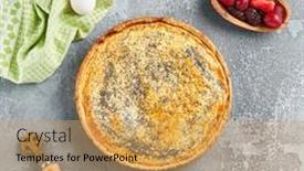  Presentation with cheese pie - Slide set having pastry-poppy-pie-with-cottage background and a yellow colored foreground