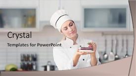  Presentation with pastry chef - Audience pleasing slide set consisting of pastry products - female chef decorating cake backdrop and a soft green colored foreground