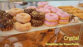  Presentation with donuts - Presentation theme enhanced with pastry shop - delicious donuts on store shelves background and a tawny brown colored foreground