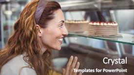  Presentation with bakery - Presentation theme consisting of pastry shop - pretty brunette looking at cakes background and a tawny brown colored foreground