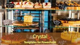  Presentation with sweet pastry - PPT theme enhanced with pastry shop glass display background and a tawny brown colored foreground