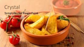  Presentation with tomatoes mechanism - Slides consisting of patatas-bravas-and-tomatoes background and a coral colored foreground