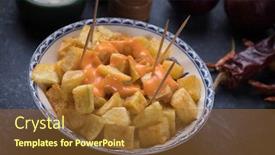  Presentation with tapas - Presentation design consisting of patatas-bravas-spanish-fried-potato background and a tawny brown colored foreground