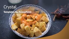 Presentation with tapas - Presentation theme having patatas-bravas-spanish-fried-potato background and a dark gray colored foreground