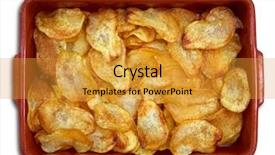  Presentation with food potato chips crisps snacks - PPT theme featuring patato - homemade fried potatoes sliced chips background and a gold colored foreground