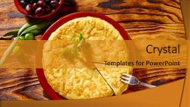  Presentation with tapas - Beautiful PPT theme featuring patato - tapas tortilla de patata potatoes backdrop and a gold colored foreground