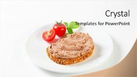  Presentation with fresh fruits and leafy greens dairy meat - Slide deck featuring pate - bread with meat spread background and a white colored foreground