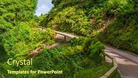  Presentation with blue green - Colorful slide deck enhanced with path-in-azorean-forest backdrop and a tawny brown colored foreground