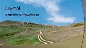  Presentation with green mountains - PPT theme enhanced with small stone road top - path on green hill background and a light blue colored foreground