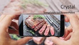  Presentation with beef steak bbq strip steak - Audience pleasing theme consisting of path social media - taking photo of beef steak backdrop and a coral colored foreground